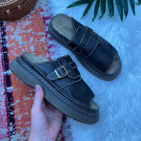 Vintage Y2K 2000s Lower East Side Brown Chunky Leather Slide Sandal Slip On 7 - Picture 1 of 8